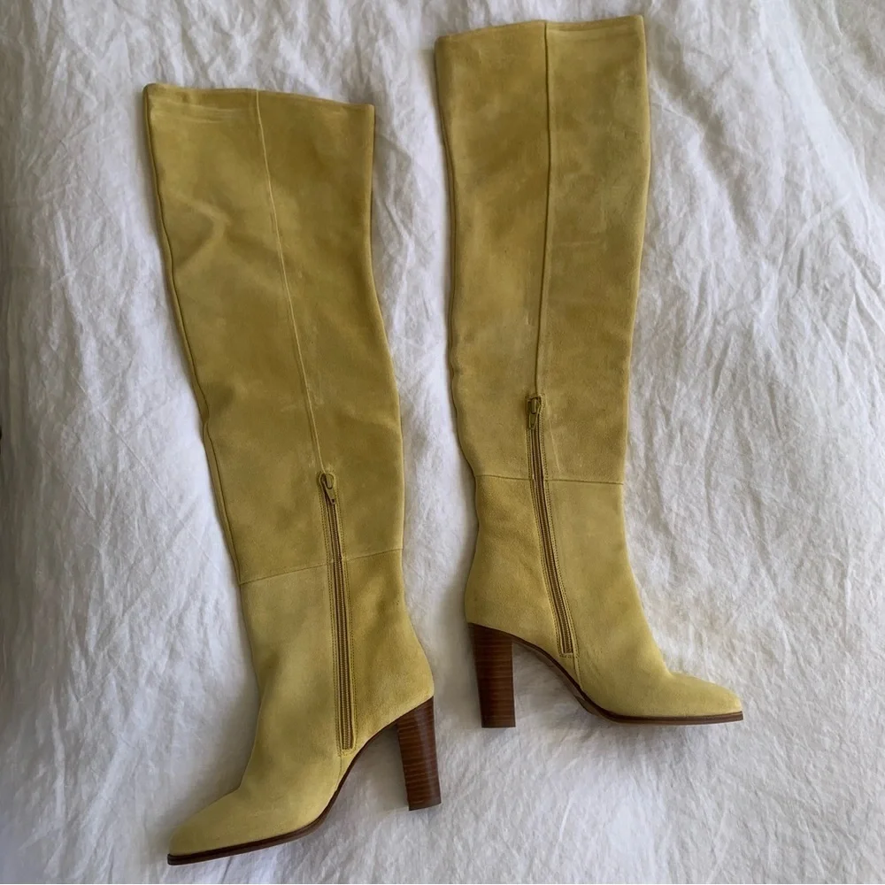 Sezane Anaelle Thigh High Suede Leather Over The Knee Pointy Boots Lemon Yellow